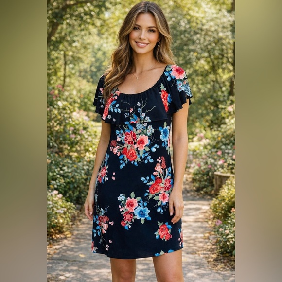 Renee C. Dresses & Skirts - Renee C Black Floral Off-Shoulder Dress | Romantic Ruffle Neckline | Size M